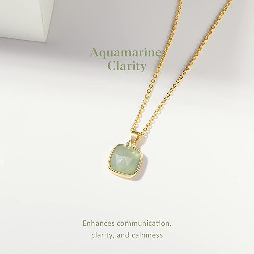 ONE: Handmade Healing Crystal Pendant Necklace, 14K Gold Plated Natural Energy Stone Aquamarine-Square