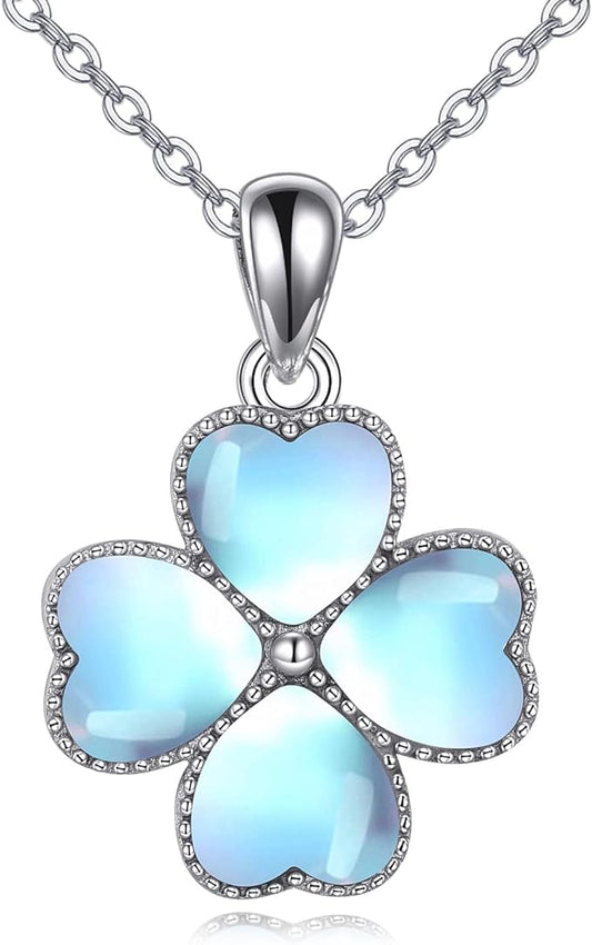 ONE: Handmade Healing Crystal Pendant Necklace, Moonstone 925 Sterling Silver Four Leaf Clover