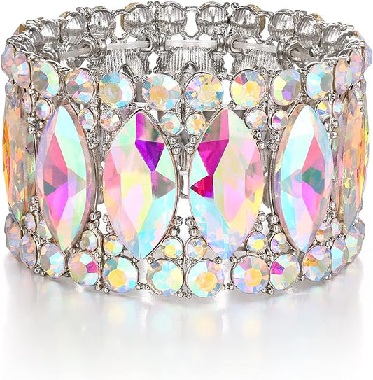 ONE: Premium Gorgeous Jewelry Elegant Crystal Double Row Rhinestones Marquise Cluster Stretch Bangle Bracelet.