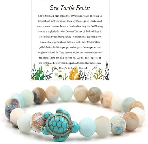 ONE: HANDMADE Natural Stones Beaded Bracelet Elastic Stretch Sea Turtle