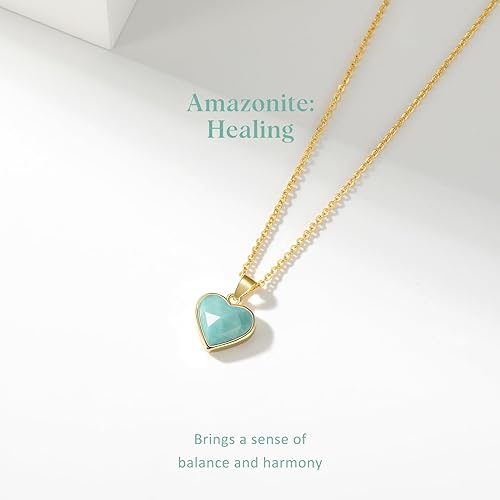 ONE: Handmade Healing Crystal Pendant Necklace, 14K Gold Plated Natural Energy Stone Amazonite-Heart