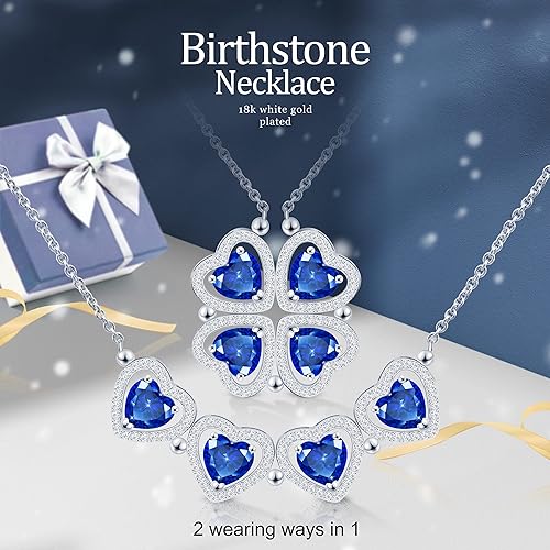 ONE: Lucky Four Leaf White Gold September Sapphire Blue Clover Pendant Necklaces for Women & Girls
