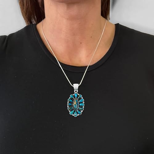 ONE :💎Color: Handmade Genuine Natural Teal/Matrix Turquoise Pendant 20" Necklace 925 Sterling Silver (Solid)