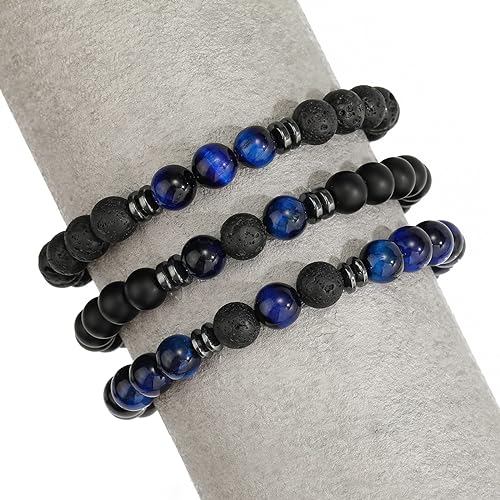 THREE: 3 HANDMADE Bracelets Matte Natural Lava Rock Volcanic Stone Beads Elastic Stretch Tiger Blue