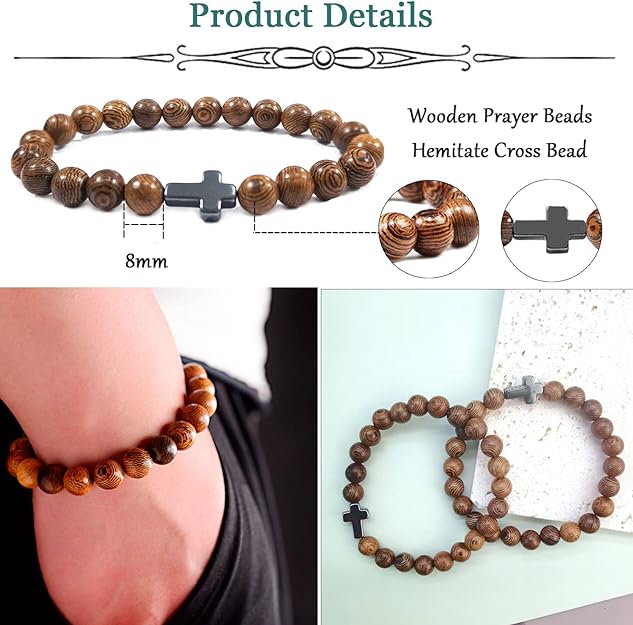 ONE: Premium Handmade 12Pcs Christian Prayer Beads Bracelet for Women Men Wooden Beads Cross Bracelet Religious Mala Beaded Bracelets Fashion Jewelry 8mm