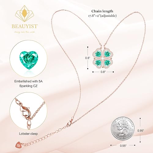 ONE: Lucky Four Leaf Rose Gold MAY- Columbia Green Clover Pendant Necklaces for Women & Girls