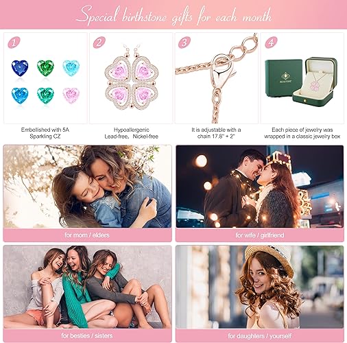 ONE: Lucky Four Leaf Rose Gold Tourmaline Pink Clover Pendant Necklaces for Women & Girls