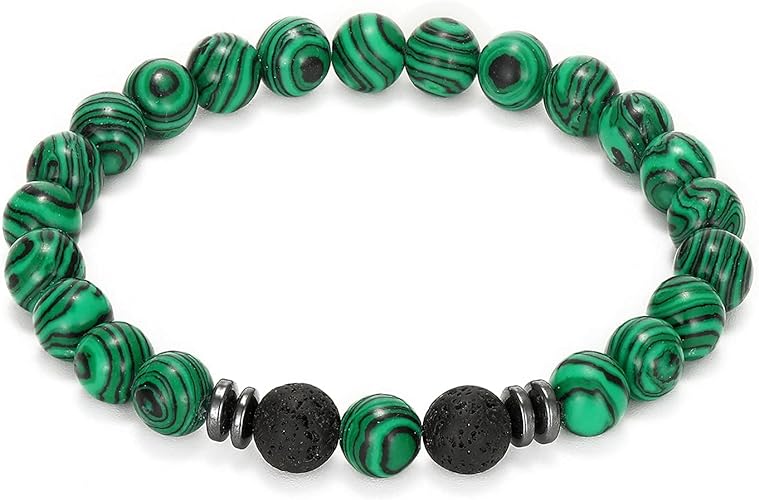 THREE: 3 HANDMADE Bracelets Matte Natural Lava Rock Volcanic Stone Beads Elastic Stretch Malachite