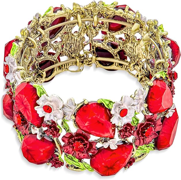 ONE: Premium Gorgeous Jewelry Wide Red Crystal Flower Statement Cuff Bracelet for Women Flexible Oxidized Gold Plated