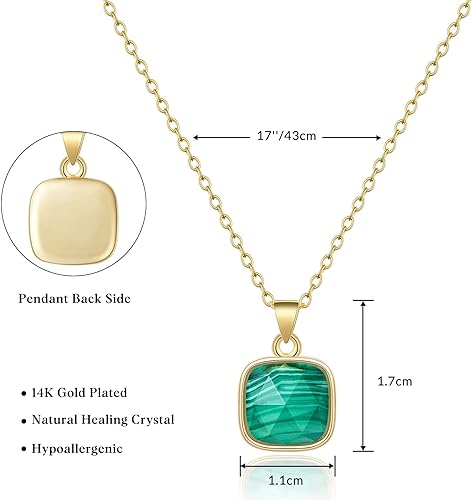 ONE: Handmade Healing Crystal Pendant Necklace, 14K Gold Plated Natural Energy Stone Malachite-Square