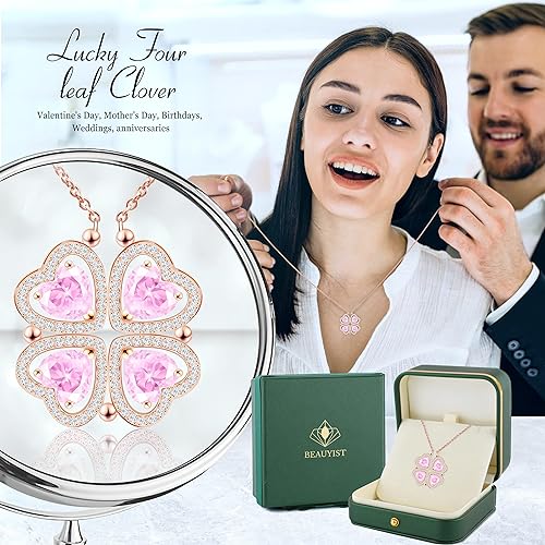ONE: Lucky Four Leaf Rose Gold Tourmaline Pink Clover Pendant Necklaces for Women & Girls