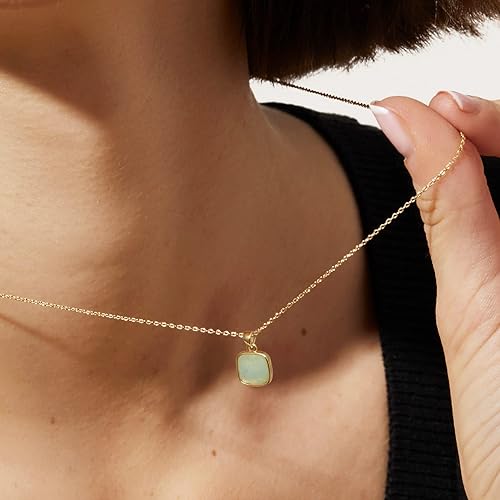 ONE: Handmade Healing Crystal Pendant Necklace, 14K Gold Plated Natural Energy Stone Aquamarine-Square