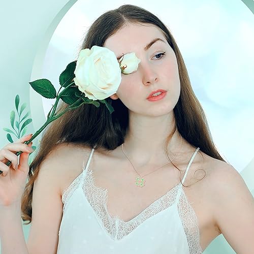 ONE: Lucky Four Leaf Rose Gold August Peridot Clover Pendant Necklaces for Women & Girls