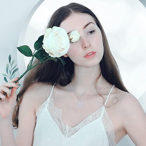 ONE: Lucky Four Leaf White Gold March Aquamarine Clover Pendant Necklaces for Women & Girls