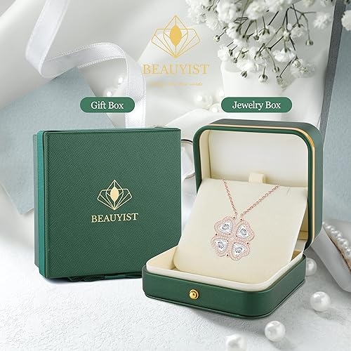 ONE: Lucky Four Leaf Rose Gold April Diamond White Clover Pendant Necklaces for Women & Girls