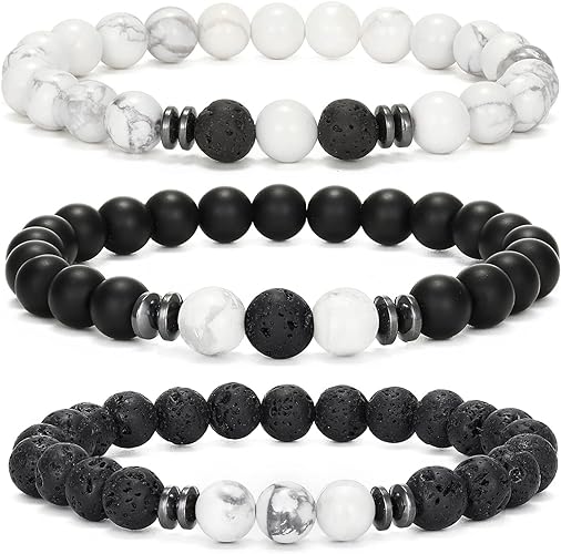 THREE: 3 HANDMADE Bracelets Matte Natural Lava Rock Volcanic Stone Beads Elastic Stretch White Howlite