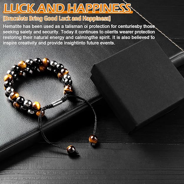 ONE: Premium 8MM Handmade Beaded Bracelet Tiger Eye Bracelet Black Obsidian Hematite Natural Crystal Jewelry Stone Bracelets Gifts for Men and Women