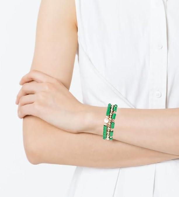 ONE: Premium Handmade Bracelet Green and Gold Plated Copper Beads Heishi Clay Bracelet HELPS RELEASING NEGATIVITY