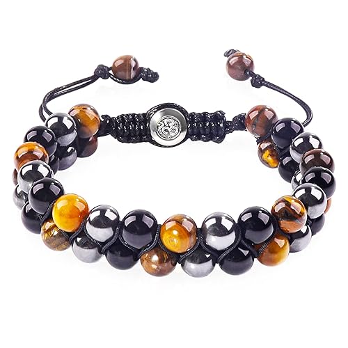 ONE: Premium Triple Protection Bracelet, 8mm Bead Bracelet Handmade with Tiger Eye Black Obsidian and Magnetic Hematite, Natural Healing Crystals Bracelet for Protection and Balance, Bring Luck And Prosperity