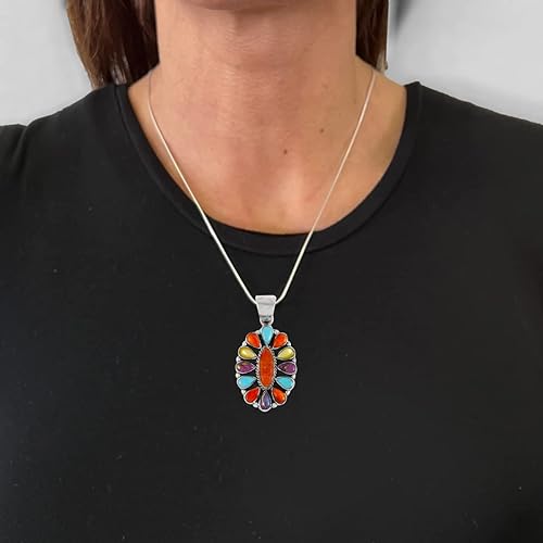 ONE :💎Color: Handmade Genuine Natural Multi Gemstone Turquoise Pendant 20" Necklace 925 Sterling Silver (Solid)