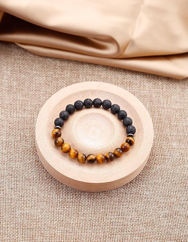 ONE: Premium 5Pcs Handmade Bracelets Tiger Eye 8mm Matte Lava Rock Volcanic Stone Beads Beaded Bracelets for Men Women - Stretch Bracelet