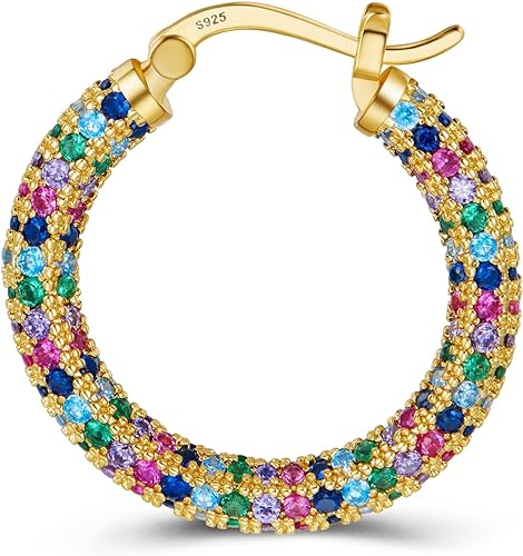 ONE:  ONE: 925 Sterling Silver Post Hoop Earrings 14K Gold Plated Jewelry CZ