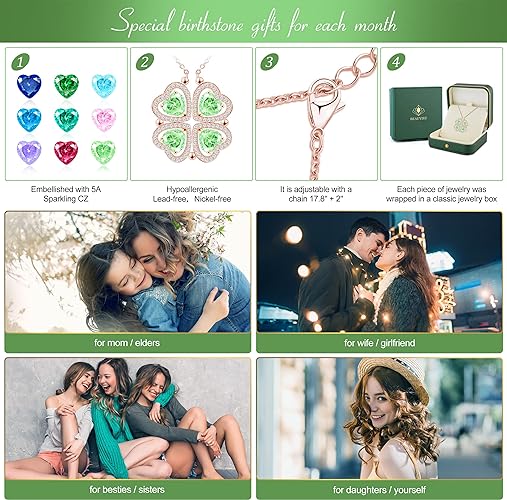 ONE: Lucky Four Leaf Rose Gold August Peridot Clover Pendant Necklaces for Women & Girls