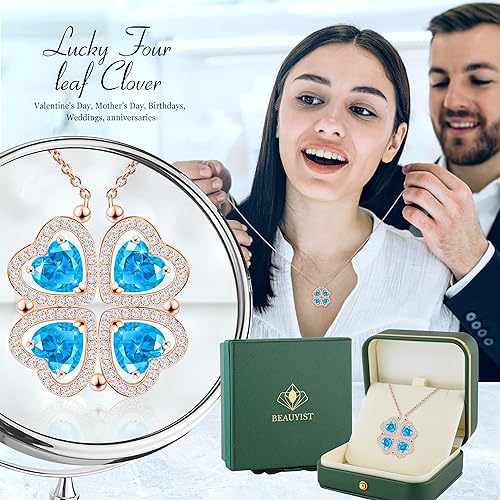 ONE: Lucky Four Leaf Rose Gold March Blue Topaz Clover Pendant Necklaces for Women & Girls