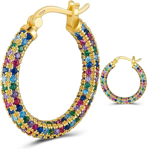 ONE:  ONE: 925 Sterling Silver Post Hoop Earrings 14K Gold Plated Jewelry CZ