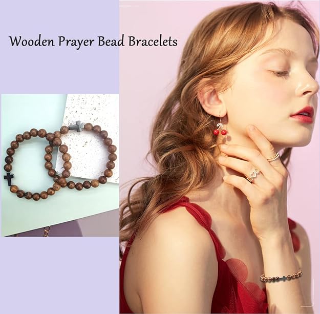 ONE: Premium Handmade 12Pcs Christian Prayer Beads Bracelet for Women Men Wooden Beads Cross Bracelet Religious Mala Beaded Bracelets Fashion Jewelry 8mm