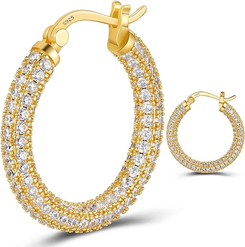 ONE: 925 Sterling Silver Post Hoop Earrings 14K Gold Plated Jewelry CZ