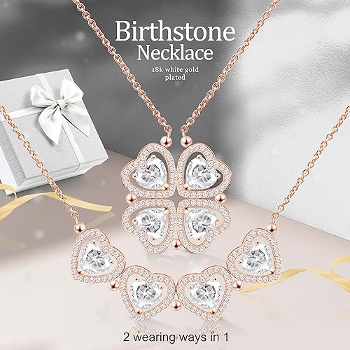 ONE: Lucky Four Leaf Rose Gold April Diamond White Clover Pendant Necklaces for Women & Girls