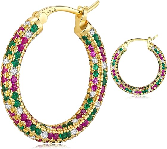 ONE:  ONE: 925 Sterling Silver Post Hoop Earrings 14K Gold Plated Jewelry CZ