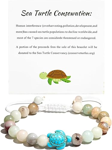 ONE: HANDMADE Natural Stones Beaded Bracelet Elastic Stretch Sea Turtle