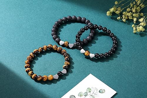 ONE: Premium Handmade Bracelets 2pcs 8mm Black Obsidian & Lava Rock Stones Crystal Bracelets for Couples Handmade Natural Round Gemstone Beaded Healing Crystal Bracelet with Heart Charm for Women Men