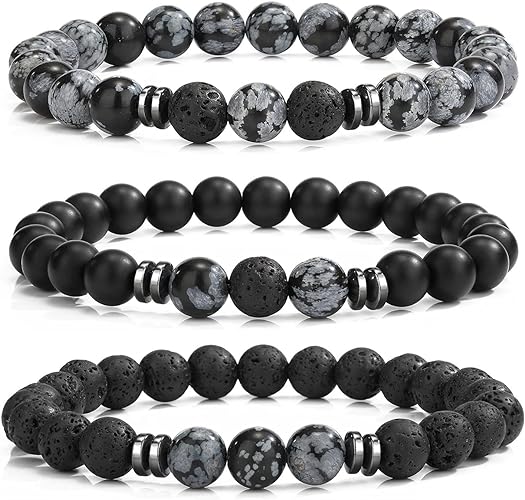 THREE: 3 HANDMADE Bracelets Matte Natural Lava Rock Volcanic Stone Beads Elastic Stretch Amethyst