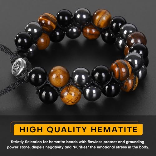 ONE: Tiger Eye Bracelet, Triple Protection Bracelet for Men Women, Handmade Tiger Eye Beads Hematite and Black Obsidian Natural Stone Healing Energy Crystal Bracelets