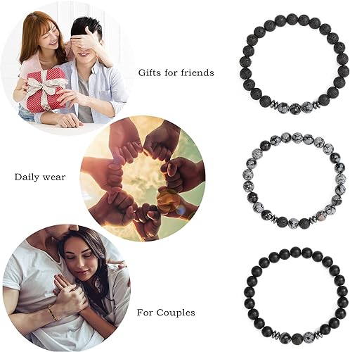 THREE: 3 HANDMADE Bracelets Matte Natural Lava Rock Volcanic Stone Beads Elastic Stretch Alabaster