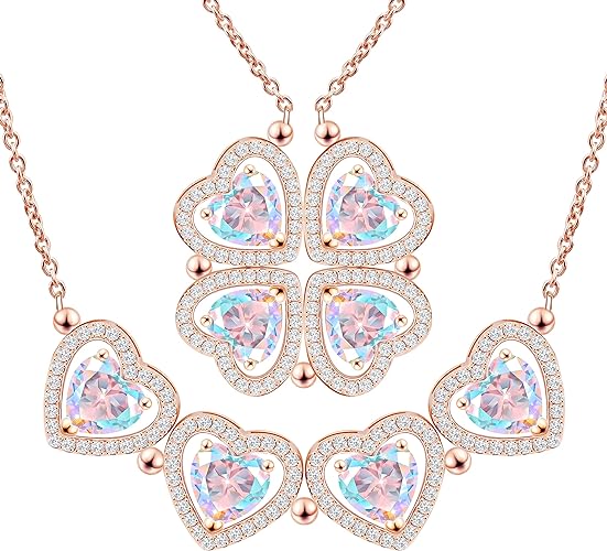 ONE: Lucky Four Leaf Rose Gold Daily Rainbow Clover Pendant Necklaces for Women & Girls