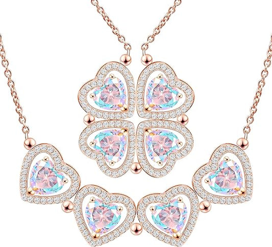 ONE: Lucky Four Leaf Rose Gold Daily Rainbow Clover Pendant Necklaces for Women & Girls