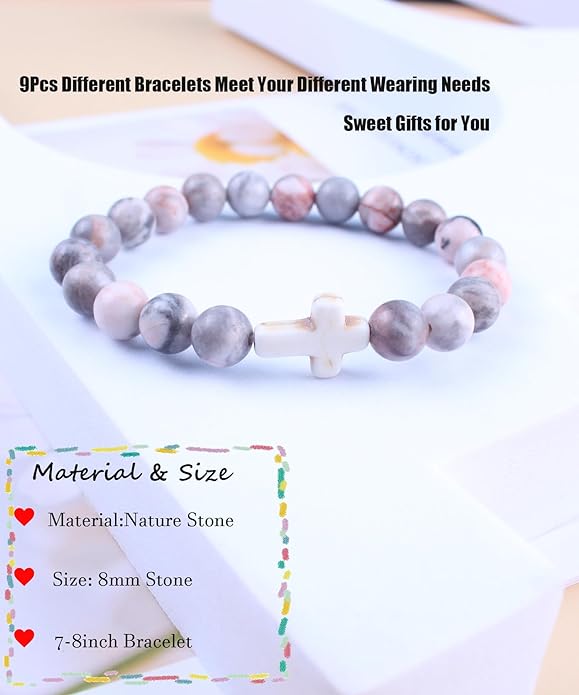 ONE: Premium Handmade 9pcs Cross Bracelets for Women and Men - 8mm Natural Crystal Healing Bracelets Semi-Precious Gemstones Beads Stretch Bracelets Religious Gift for Christians with Prayers Card