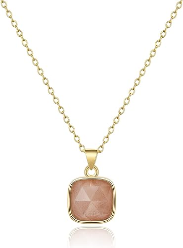 ONE: Handmade Healing Crystal Pendant Necklace, 14K Gold Plated Natural Energy Stone Sunstone-Square