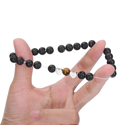 ONE: Premium Handmade Bracelets 2pcs 8mm Black Obsidian & Lava Rock Stones Crystal Bracelets for Couples Handmade Natural Round Gemstone Beaded Healing Crystal Bracelet with Heart Charm for Women Men