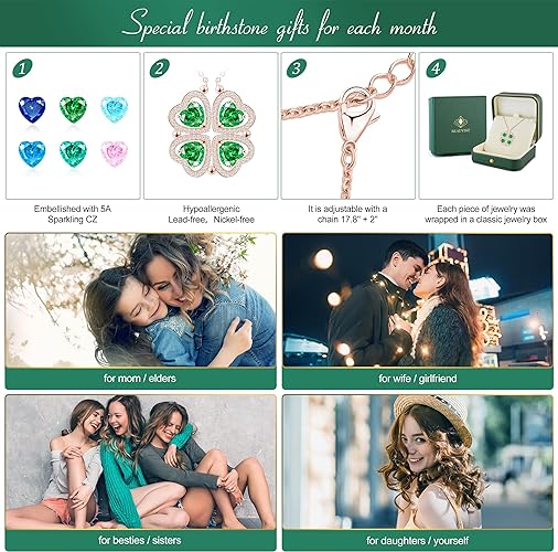 ONE: Lucky Four Leaf Rose Gold MAY- Emerald Green Clover Pendant Necklaces for Women & Girls