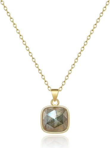 ONE: Handmade Healing Crystal Pendant Necklace, 14K Gold Plated Natural Energy Stone Labradorite-Square