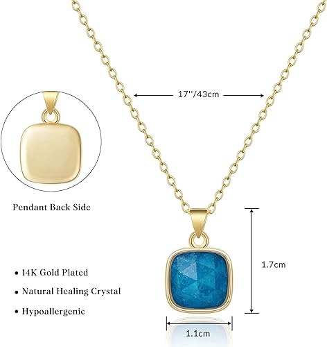 ONE: Handmade Healing Crystal Pendant Necklace, 14K Gold Plated Natural Energy Stone Blue Apatite-Square