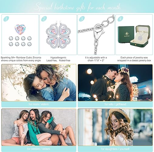 ONE: Lucky Four Leaf White Gold March Aquamarine Clover Pendant Necklaces for Women & Girls