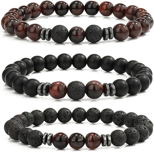 THREE: 3 HANDMADE Bracelets Matte Natural Lava Rock Volcanic Stone Beads Elastic Stretch Tiger RED