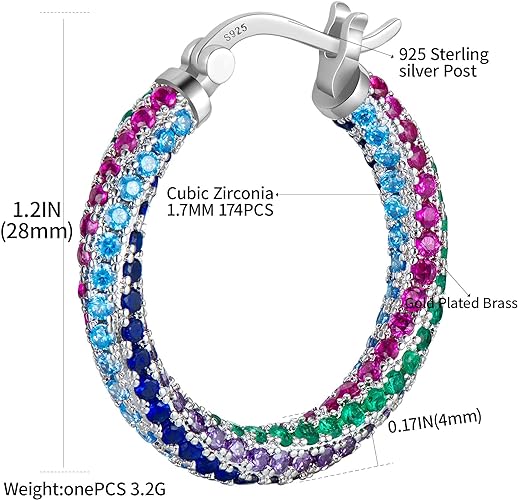 ONE:  ONE: 925 Sterling Silver Post Hoop Rainbow Earrings 14K Gold Plated Jewelry