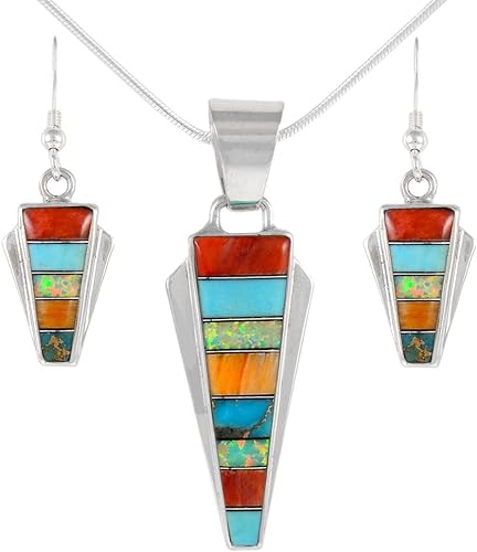 ONE :💎Sterling Silver (Solid) 925 Matching Pendant & Earrings Set (with 20" Sterling Rope Chain) Genuine Color: Multi Turquoise